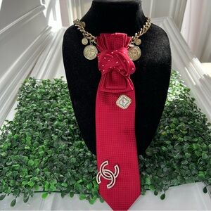 Custom Elegant Red Tie Necklace with Gold Accents